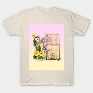 Yellow sumiE watercolor flowers with a chinese lattice T-Shirt